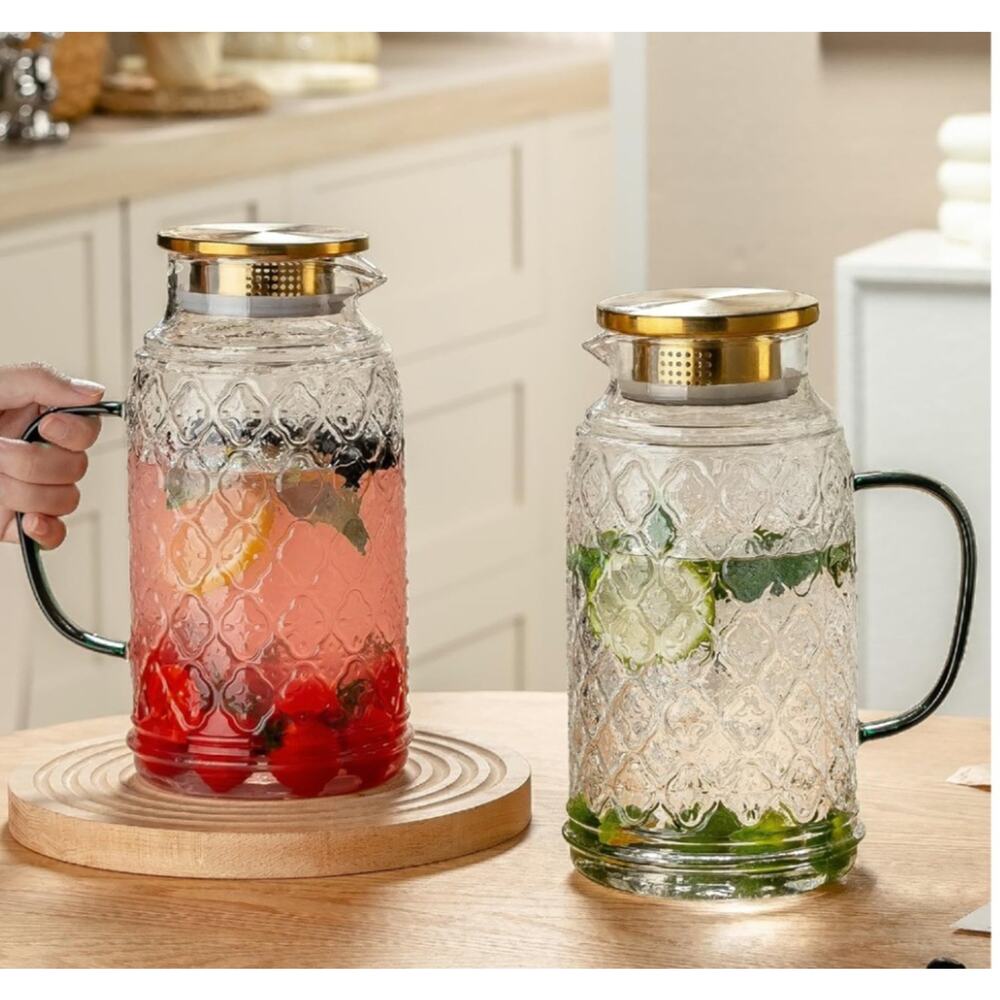 Glass Pitcher with Lid, 2 PACK 84 oz/2.5L Liter Vintage Water Pitcher, Clear Bor - Picture 2 of 6